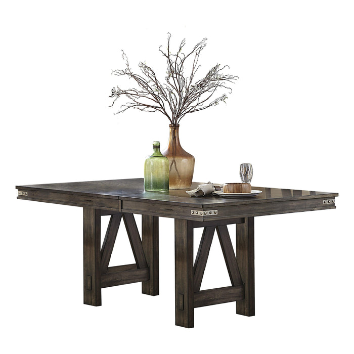 Rustic Industrial Style Dining Furniture 7pc Set Brown Finish Dining Table with Self-Storing Butterfly Leaf and 6x Side Chairs Solid Rubber Wood Furniture