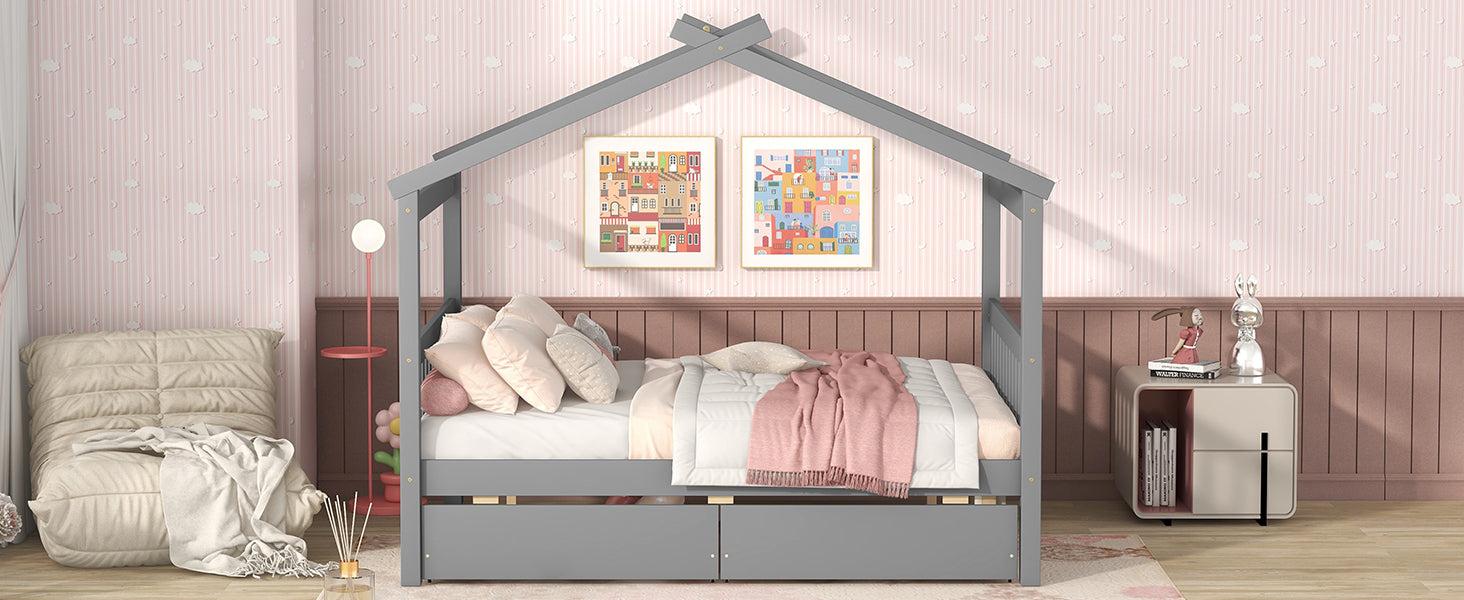 Full Size Wooden House Bed with Drawers, Gray