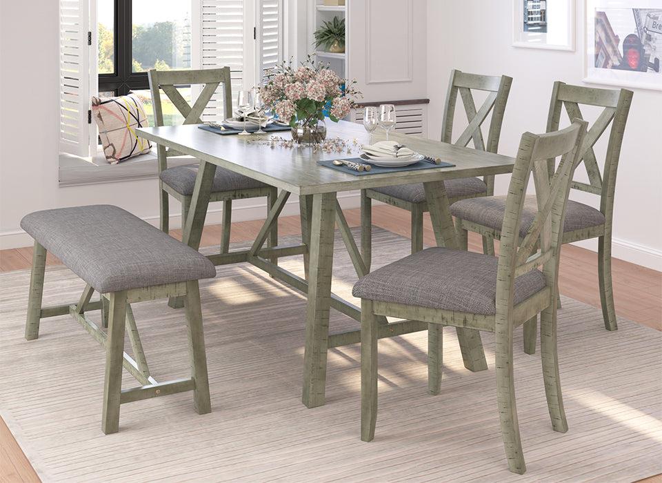 6 Piece Dining Table Set Wood Dining Table and chair Kitchen Table Set with Table, Bench and 4 Chairs, Rustic Style, Gray