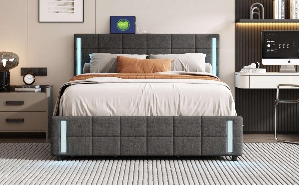Queen Size Upholstered Platform Bed with LED Lights and USB Charging,Storage Bed with 4 Drawers, Dark Gray