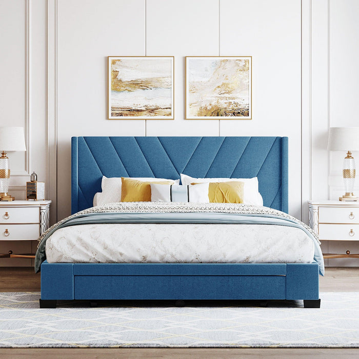 Queen SizeStorage Bed Linen Upholstered Platform Bed with 3 Drawers (Blue)