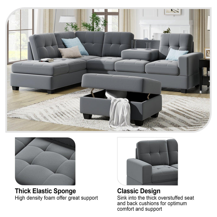 Sectional Sofa with Reversible Chaise Lounge, L-Shaped Couch withStorage Ottoman and Cup Holders