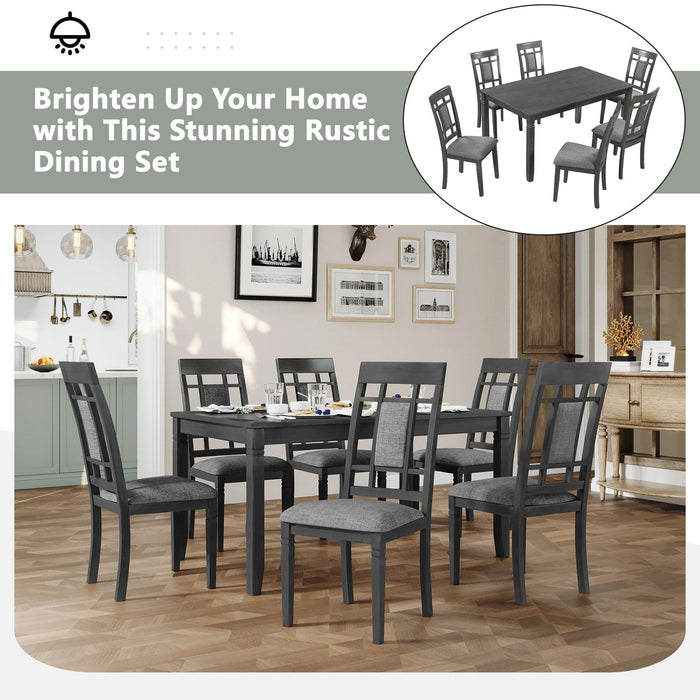 7-Piece Farmhouse Rustic Wooden Dining Table Set Kitchen Furniture Set with 6 Padded Dining Chairs, Gray