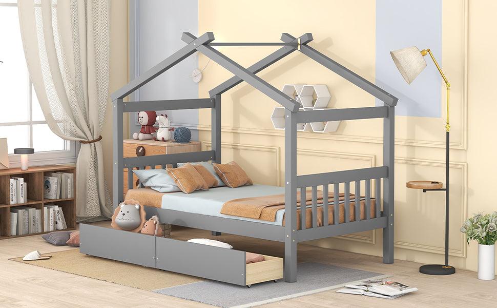 Twin Size Wooden House Bed with Drawers, Gray