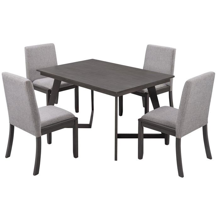 5-Piece Dining Set, Wood Rectangular Table with 4 Linen Fabric Chairs, Gray