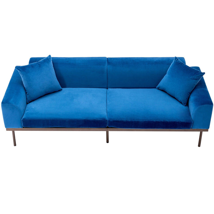 Modern Velvet Sofa with Metal Legs,Loveseat Sofa Couch with Two Pillows for Living Room and Bedroom,Blue
