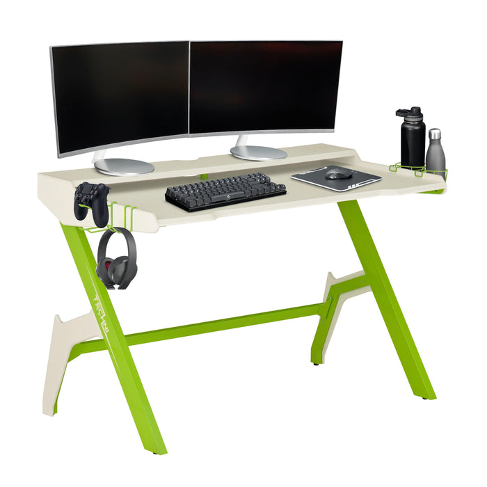 Techni Sport Ergonomic Computer Gaming  Desk Workstation with Cupholder & Headphone Hook, Green