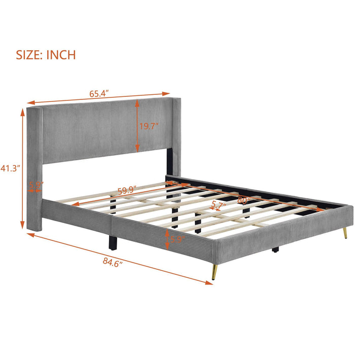Queen Size Corduroy Platform Bed with Metal Legs, Gray