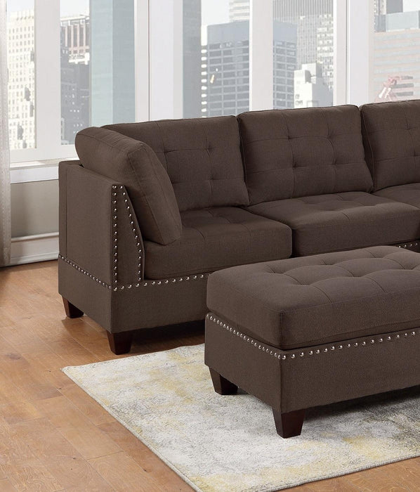 Modular Sectional 4pc Set Living Room Furniture Corner Small L-Sectional Black Coffee Linen Like Fabric Tufted Nail heads 2x Corner Wedge 1x Armless Chair and 1x Ottoman