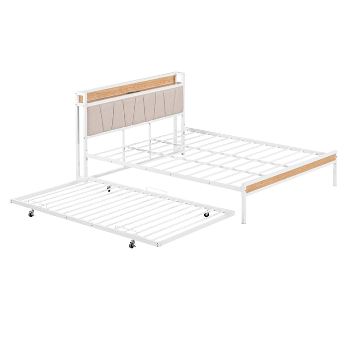 Queen Size Metal Platform Bed Frame with Twin size trundle, Upholstered headboard ，Sockets, USB Ports and Slat Support ,No Box Spring Needed，White