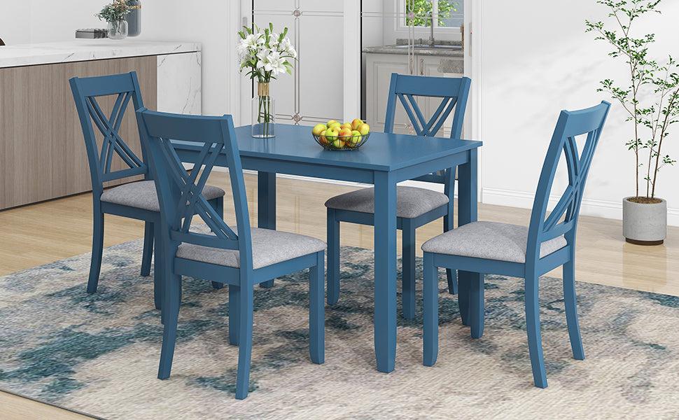 Rustic Minimalist Wood 5-Piece Dining Table Set with 4 X-Back Chairs for Small Places, Blue