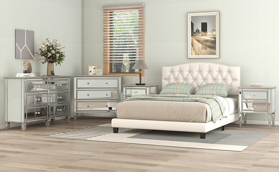 Upholstered Platform Bed with Saddle Curved Headboard and Diamond Tufted Details, Full, Beige
