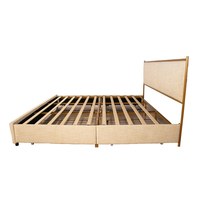 Classic steamed bread shaped backrest, metal frame, solid wood ribs, with fourStorage drawers, sponge soft bag, comfortable and elegant atmosphere, beige, king- size