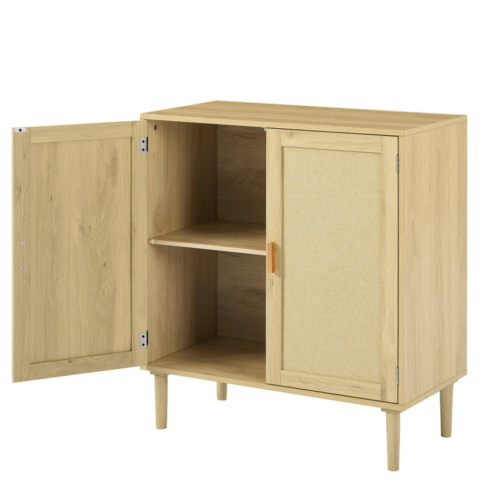 Mid-Century 2-Door Accent Chest, WoodStorage Cabinet with Shelf and Fabric Covered Panels（Natural，31.5''w x 15.8''d x 34.6"h）.