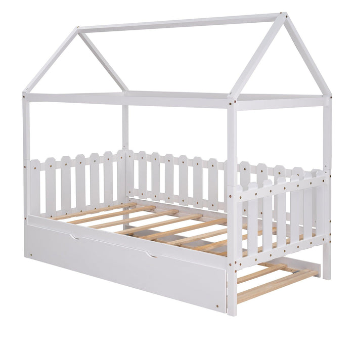 Twin Size House Bed with trundle, Fence-shaped Guardrail, White(New)