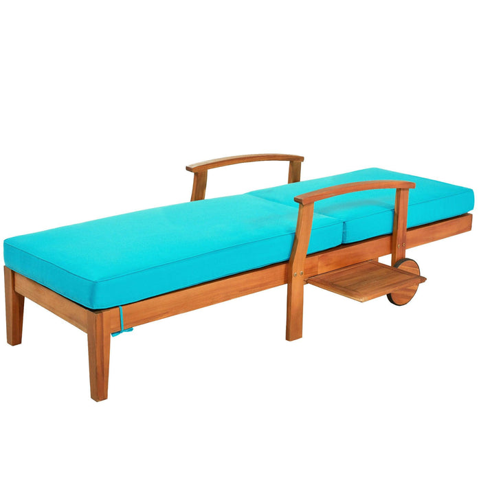 Outdoor Solid Wood 78.8" Chaise Lounge Patio Reclining Daybed with Cushion, Wheels and Sliding Cup Table for Backyard, Garden, Poolside,Brown Wood Finish+Blue Cushion, Set of 2