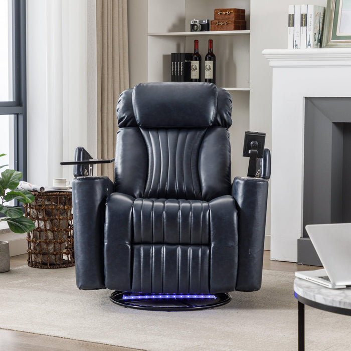 270° Power Swivel Recliner,Home Theater Seating With Hidden ArmStorage and  LED Light Strip,Cup Holder,360° Swivel Tray Table,and Cell Phone Holder,Soft Living Room Chair,Blue