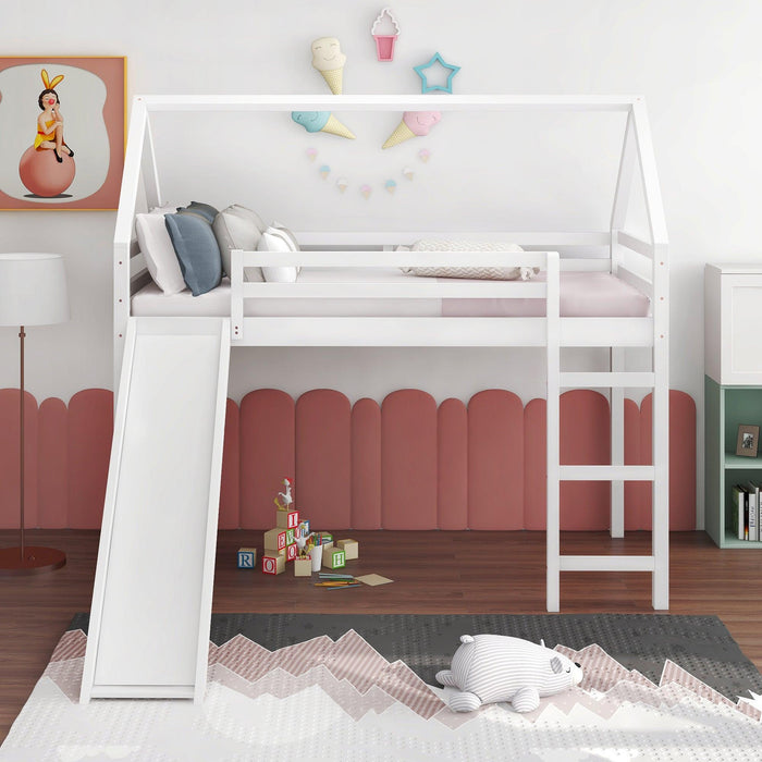 Twin Size Loft Bed with Slide, House Bed with Slide,White