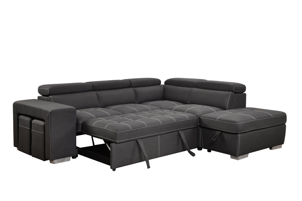 105" Sectional Sofa with Adjustable Headrest ,Sleeper Sectional Pull Out Couch Bed withStorage Ottoman and 2 Stools,Charcoal Grey