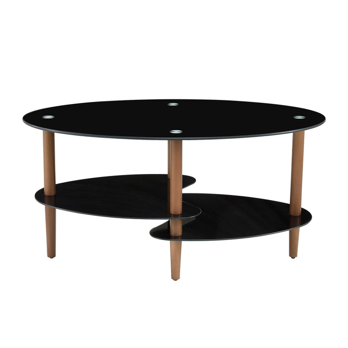 Black Oval glass coffee table,Modern table in living room Oak wood leg tea table 3-layer  glass table