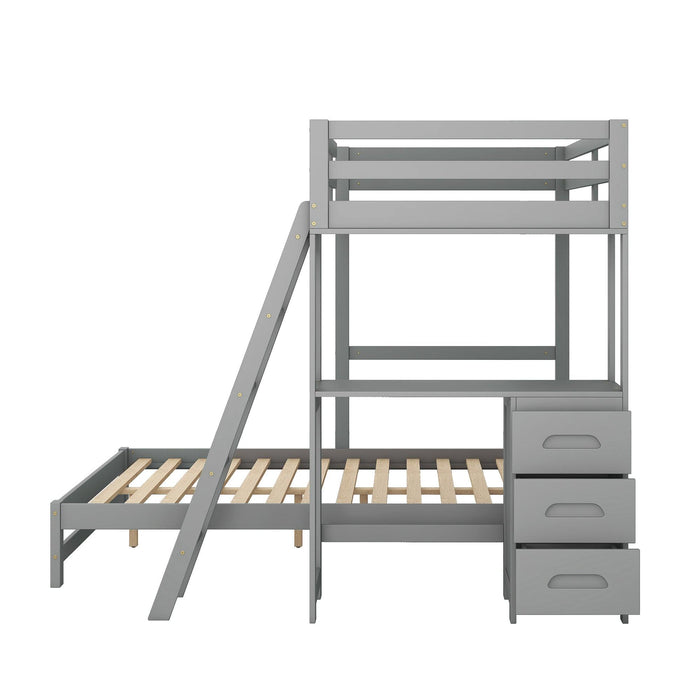 Twin over Full Bunk Bed with Built-in Desk and Three Drawers,Grey