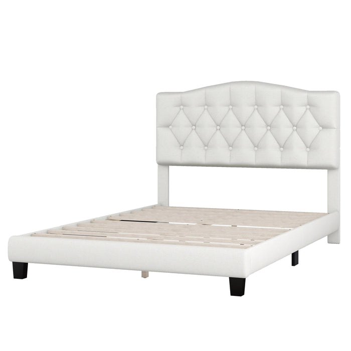 Upholstered Platform Bed with Saddle Curved Headboard and Diamond Tufted Details, Full, Beige