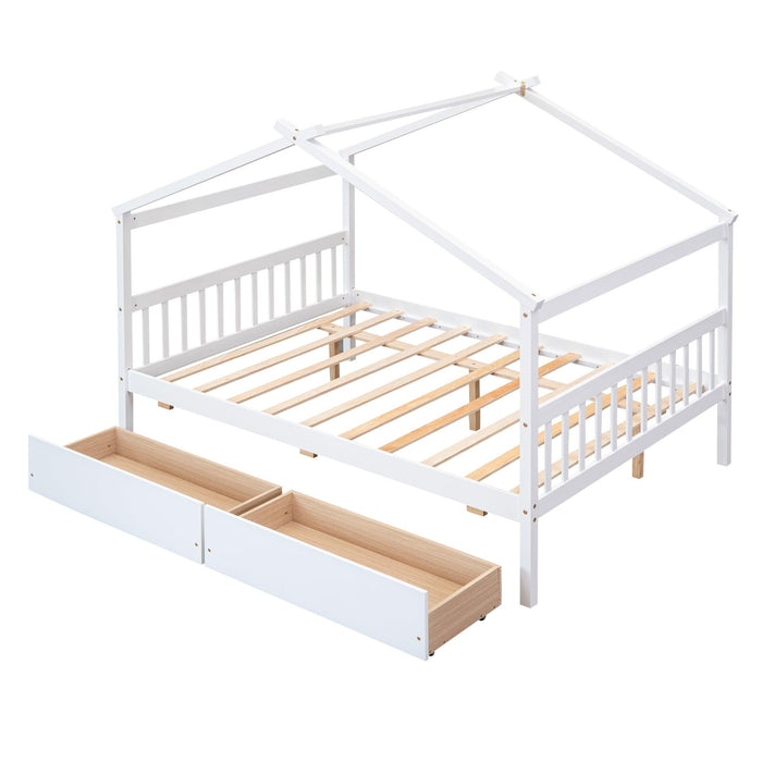Full Size Wooden House Bed with Drawers, White