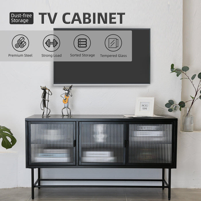 Retro Style Entertainment Center TV Console TV Stand with EnclosedStorage Display Cupboard Stylish Fluted Glass TV Table with Wide Countertop Glass Doors Detachable Shelves Bottom Space