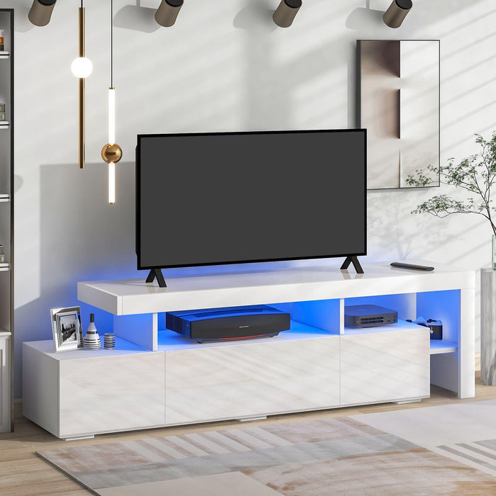Modern Style 16-colored LED Lights TV Cabinet， UV High Gloss Surface Entertainment Center with DVD Shelf，Up to 70 inch TV, White