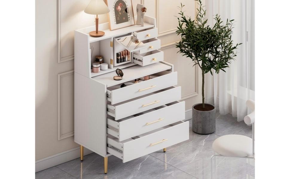 Vanity Makeup Table with Mirror and Retractable Table,Storage Dresser for Bedroom with 7 Drawers and HiddenStorage,White