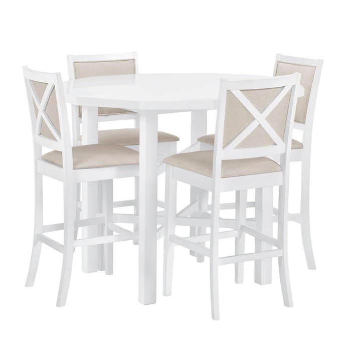 5-Piece Rubber Wood Counter Height Dining Table Set, Irregular Table with 4 High-back Cushioned Chairs for Small Place, White