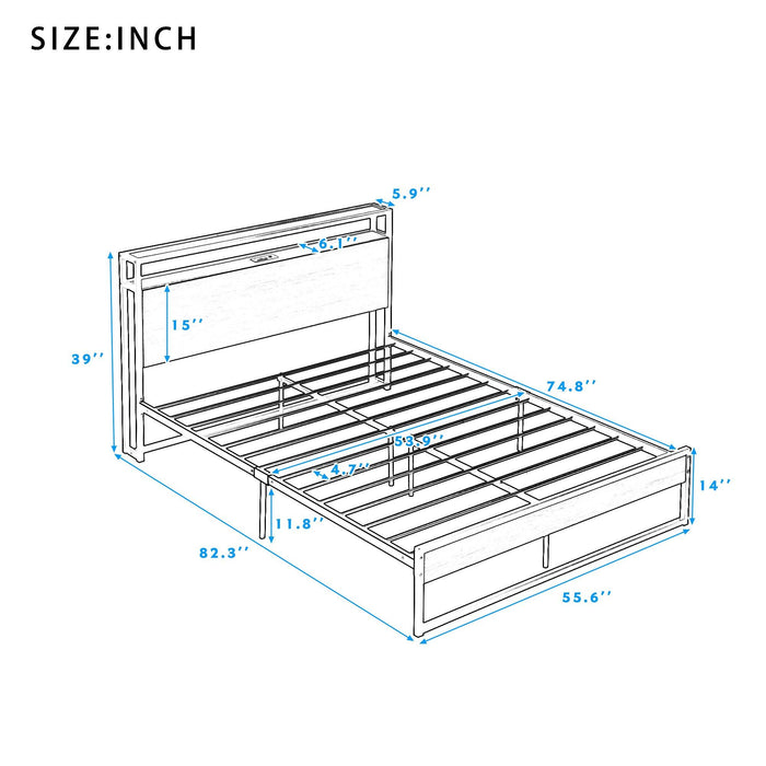 Full Size Metal Platform Bed Frame with Sockets, USB Ports and Slat Support ,No Box Spring Needed White