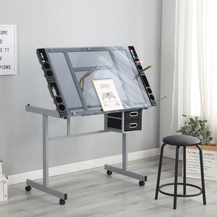 Adjustable Art Drawing Desk Craft Station Drafting   with 2 Non-woven fabric Slide Drawers and 4 Wheels