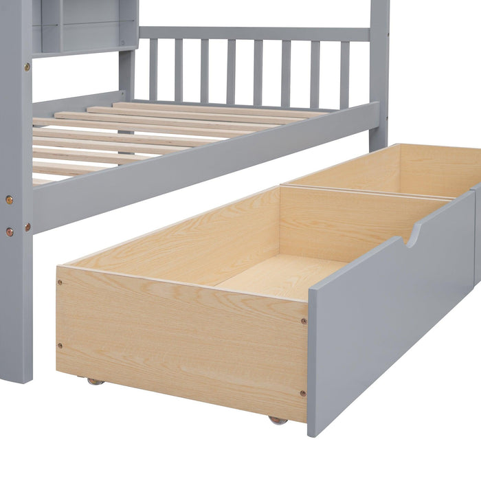 Wooden Twin Size House Bed with 2 Drawers,Kids Bed withStorage Shelf, Gray