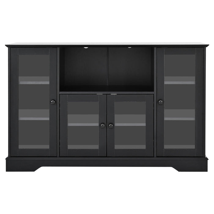 TV Stand for TV up to 60in with 4 Tempered Glass Doors Adjustable Panels Open Style Cabinet, Sideboard for Living room, Black