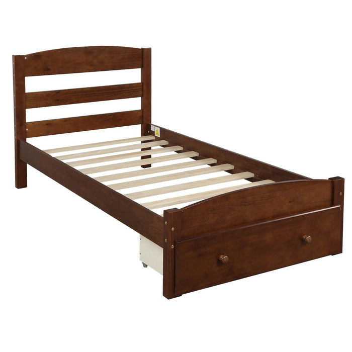 Platform Twin Bed Frame withStorage Drawer and Wood Slat Support No Box Spring Needed, Walnut