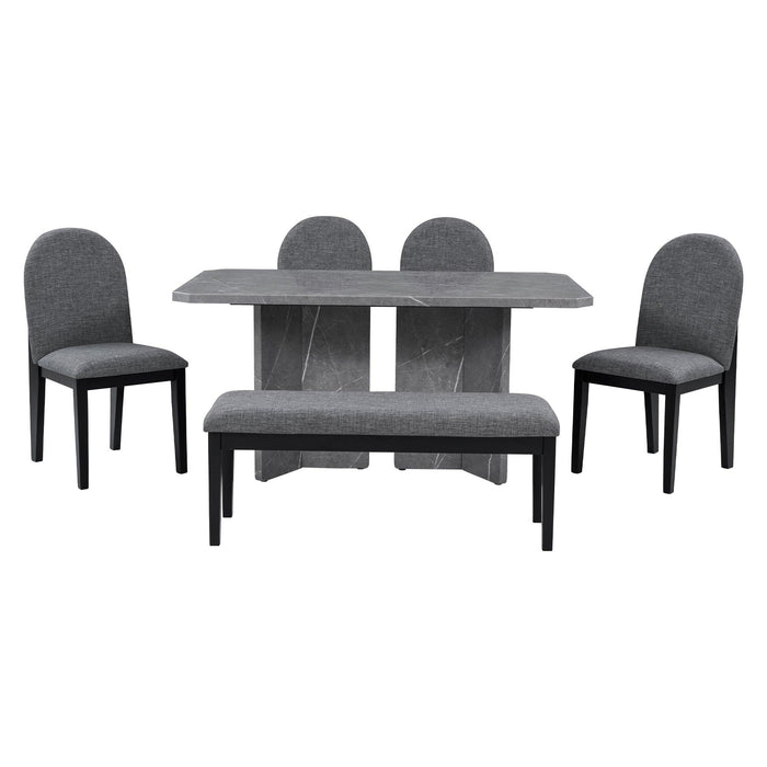 6-PieceModern Style Dining Set with Faux Marble Table and 4 Upholstered Dining Chairs & 1 Bench (Gray)