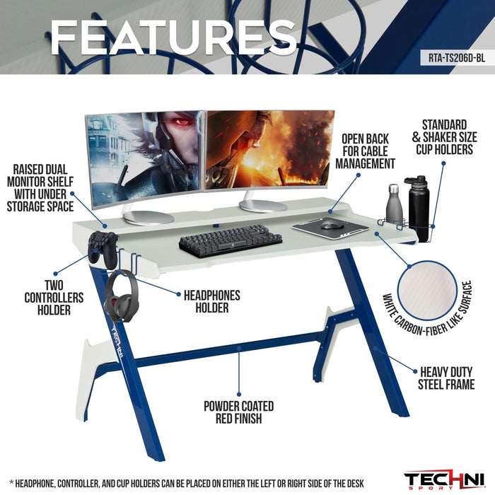Techni Sport Ergonomic Computer Gaming  Desk Workstation with Cupholder & Headphone Hook, Blue