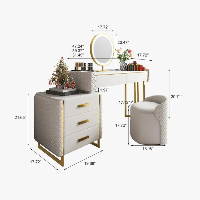 Luxury Makeup Vanity Set with LED Lighted Mirror, Side Cabinet and 5 Drawers,Modern Sintered Stone Dressing Table with Stool, 39.5", White