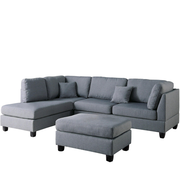 Grey Color 3pcs Sectional Living Room Furniture Reversible Chaise Sofa And Ottoman Polyfiber Linen Like Fabric Cushion Couch