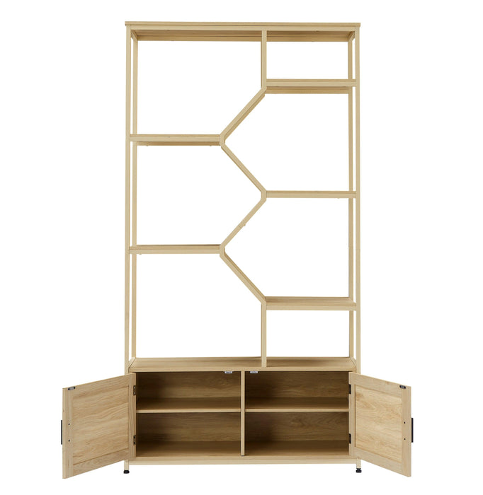 Rattan bookshelf 7 tiers BookcasesStorage Rack with cabinet for Living Room Home Office（Natural，39.4’’w x 13.8’’d x 75.6’’h）