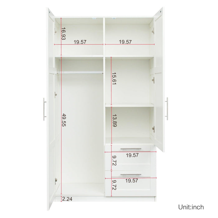 High wardrobe and kitchen cabinet with 2 doors, 2 drawers and 5Storage spaces,white