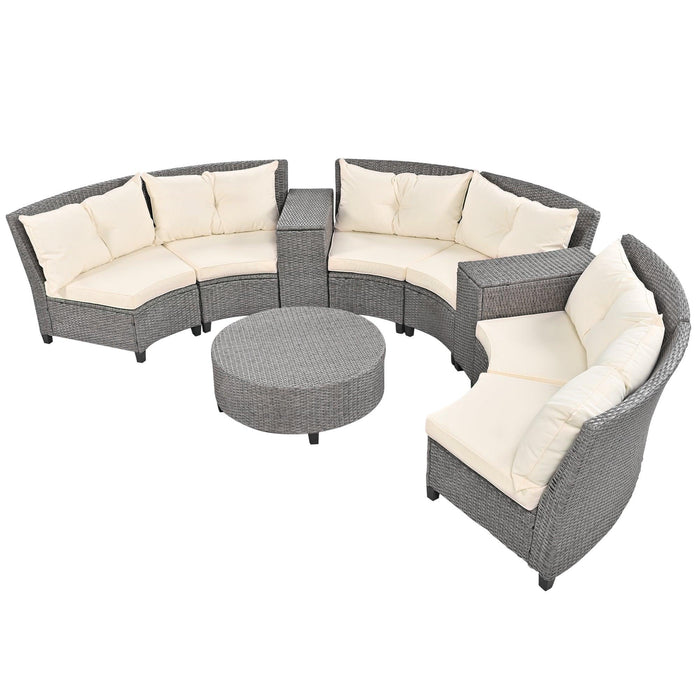 6 - Person Fan-shaped Rattan Suit Combination with Cushions and Table,Suitable for Garden