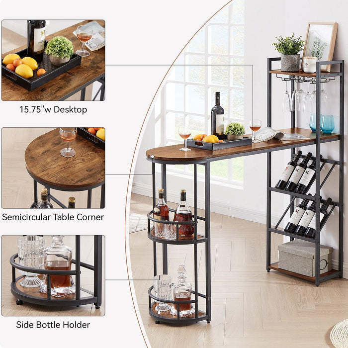 Bar table with bottle holder and glass holder, multifunctional high bar table, can hold 8 bottles of wine and 9 glasses, with sideStorage.(Rustic Brown,53.3’’w x 15.75’’d x 36.4’’h)