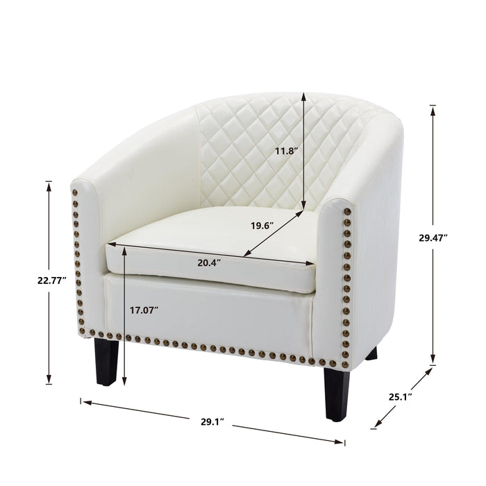 accent Barrel chair living room chair with nailheads and solid wood legs  white  pu leather