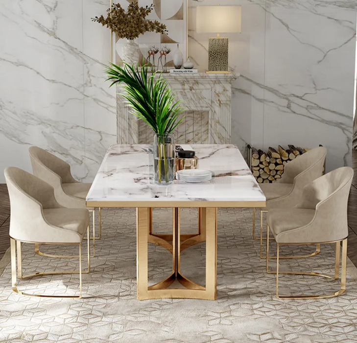 BuraModern Marble Dining Table with Rectangular Tabletop Gold Stainless Legs, for Kitchen and Dining Room