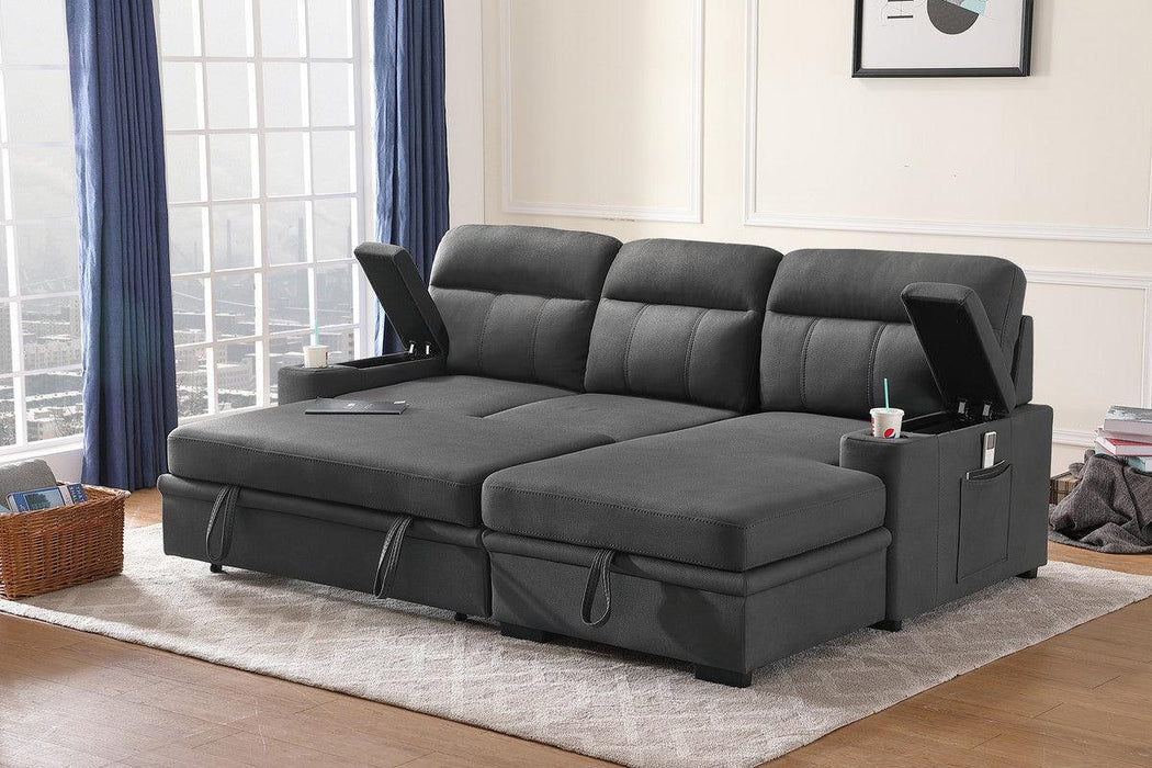 Kaden Gray Fabric Sleeper Sectional Sofa Chaise withStorage Arms and Cupholder