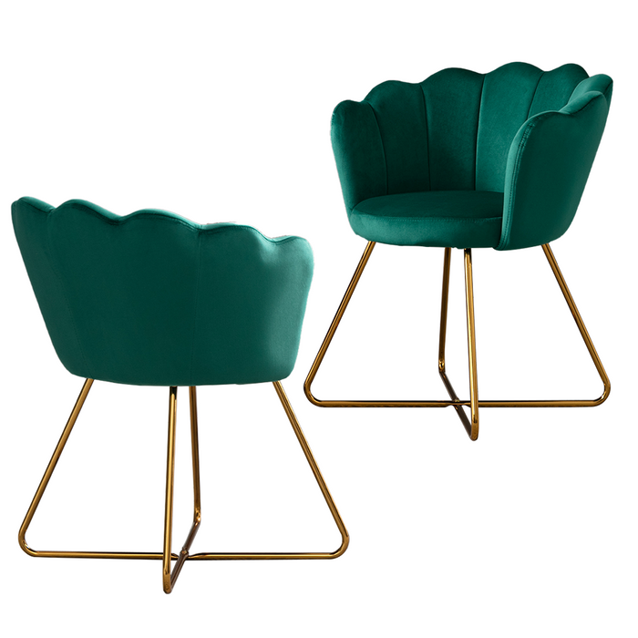 Zen Zone Velvet Accent/Conversation Lounge Chair With Iron Metal Gold Plated Legs, Suitable For Office, Lounge, Living Room, Set of 2, Green