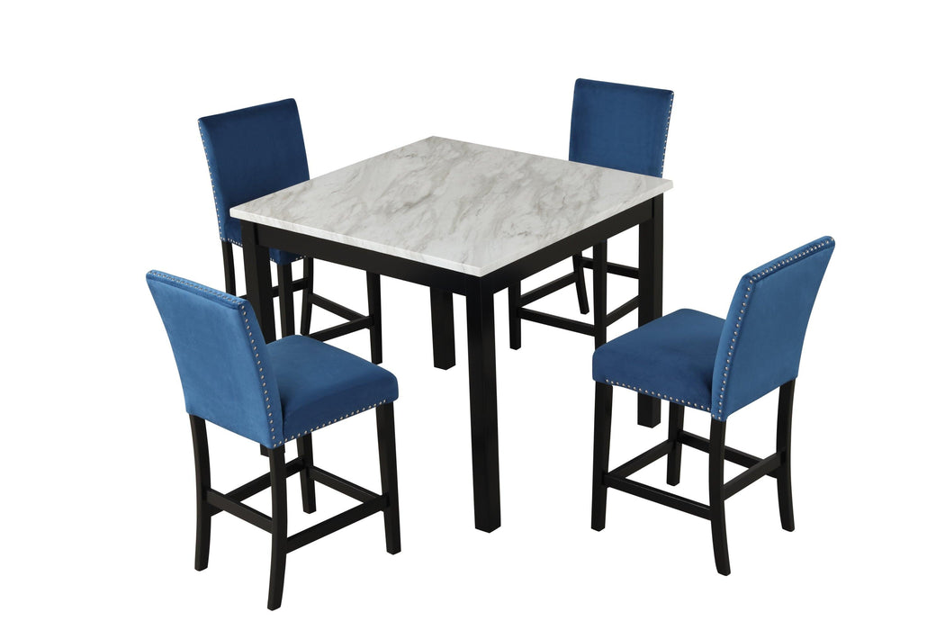 5-piece Counter Height Dining Table Set with One Faux Marble Dining Table and Four Upholstered-Seat Chairs，for Kitchen and Living room,Table : 42"L x42"Wx36"H,Chair:18.5"Wx23.2"Dx39.8"H,  Blue