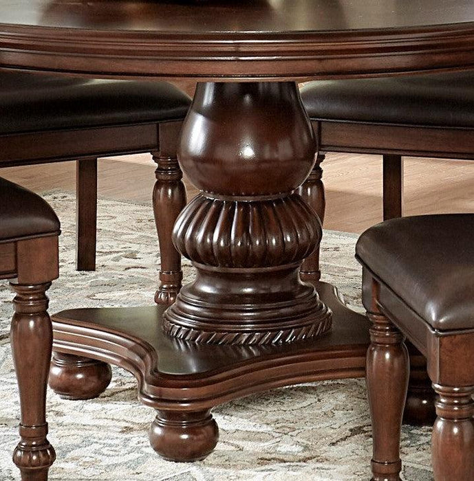 Elegant Design 5pc Dining Set Brown Cherry Finish Pedestal Base Table and 4x Side Chairs Faux Leather Upholstered Traditional Dining Room Furniture